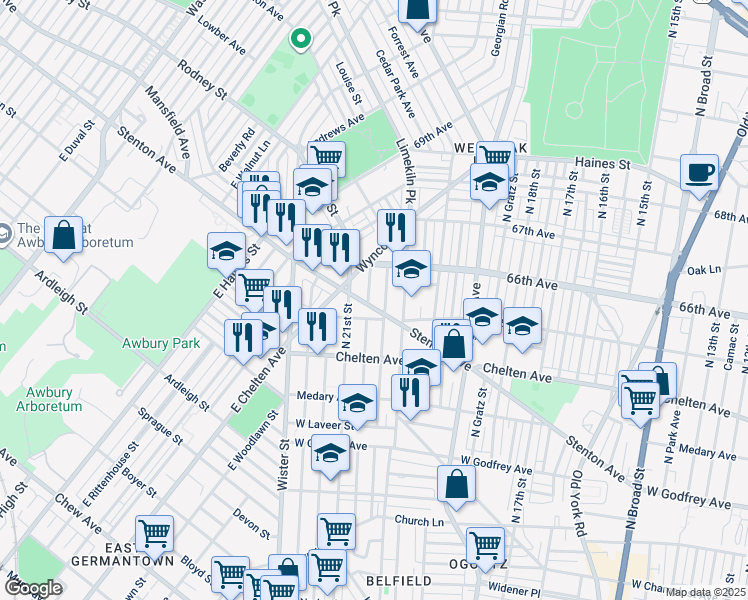 map of restaurants, bars, coffee shops, grocery stores, and more near 6519 North Lambert Street in Philadelphia