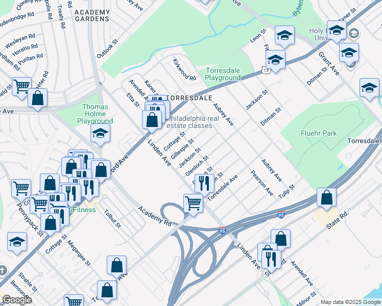 map of restaurants, bars, coffee shops, grocery stores, and more near 9238 Jackson Street in Philadelphia