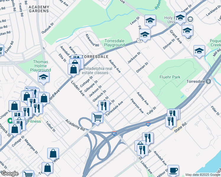 map of restaurants, bars, coffee shops, grocery stores, and more near 9317 Ditman Street in Philadelphia