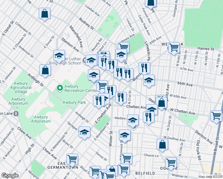 map of restaurants, bars, coffee shops, grocery stores, and more near 6425 Wister Street in Philadelphia