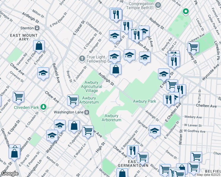 map of restaurants, bars, coffee shops, grocery stores, and more near 6130 Sprague Street in Philadelphia