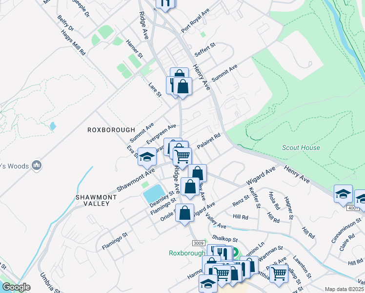 map of restaurants, bars, coffee shops, grocery stores, and more near 7727 Ridge Avenue in Philadelphia
