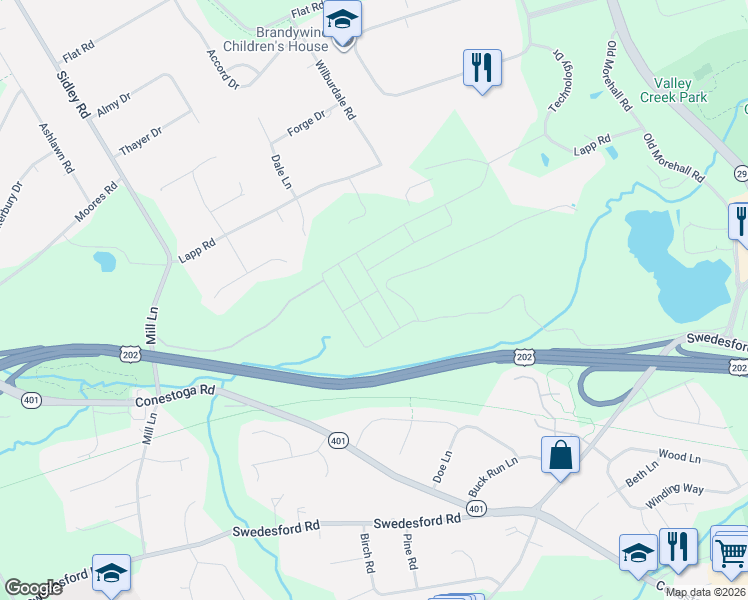 map of restaurants, bars, coffee shops, grocery stores, and more near 272 Lapp Road in Malvern