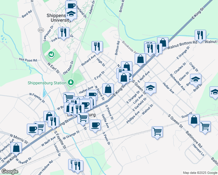 map of restaurants, bars, coffee shops, grocery stores, and more near 239 East King Street in Shippensburg