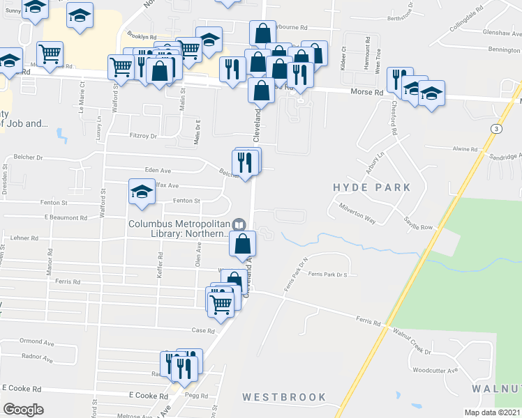 map of restaurants, bars, coffee shops, grocery stores, and more near 4118 Morse Creek Commons Drive in Columbus
