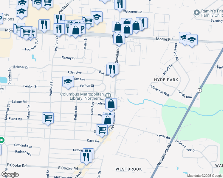 map of restaurants, bars, coffee shops, grocery stores, and more near 2319 Ashley Drive in Columbus