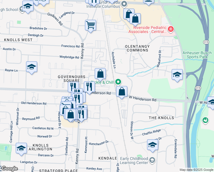map of restaurants, bars, coffee shops, grocery stores, and more near 1004 Benchmark Park Drive in Columbus