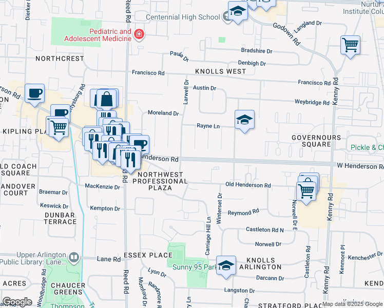 map of restaurants, bars, coffee shops, grocery stores, and more near 1550 Henderson Road in Columbus