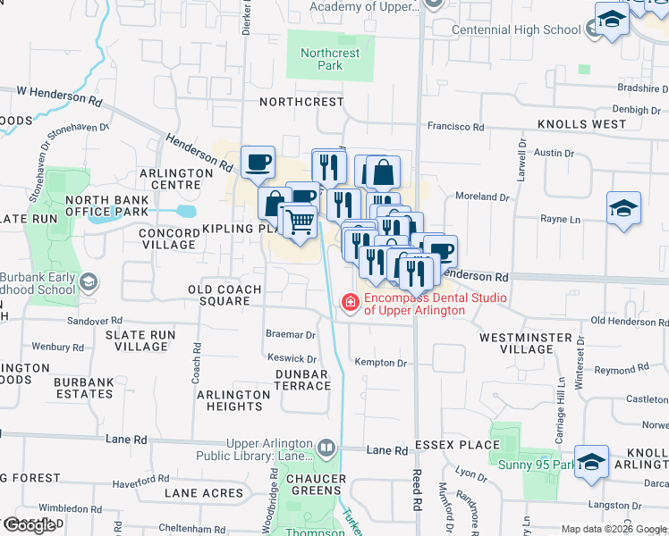 map of restaurants, bars, coffee shops, grocery stores, and more near 1938 Aberdeen Drive in Upper Arlington