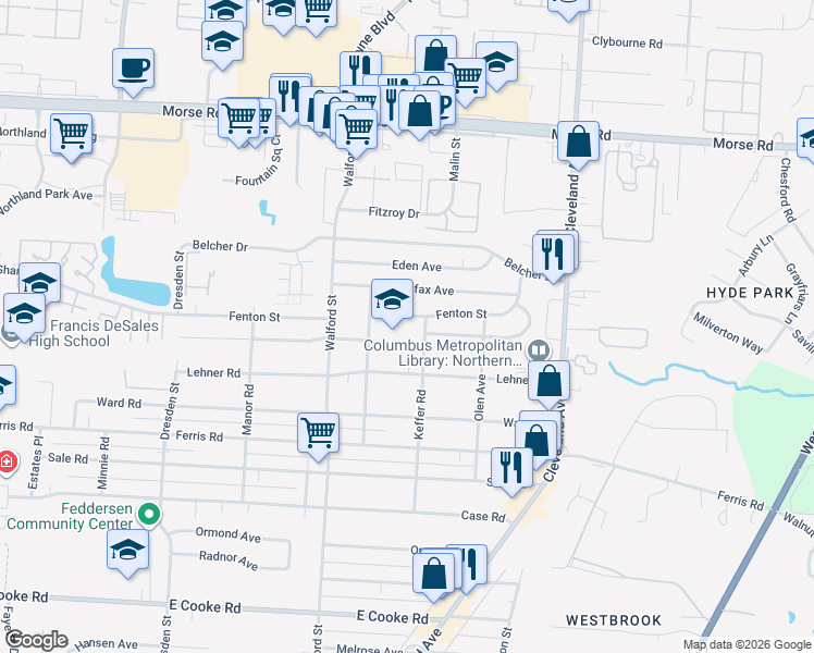 map of restaurants, bars, coffee shops, grocery stores, and more near 2155 Fenton Street in Columbus