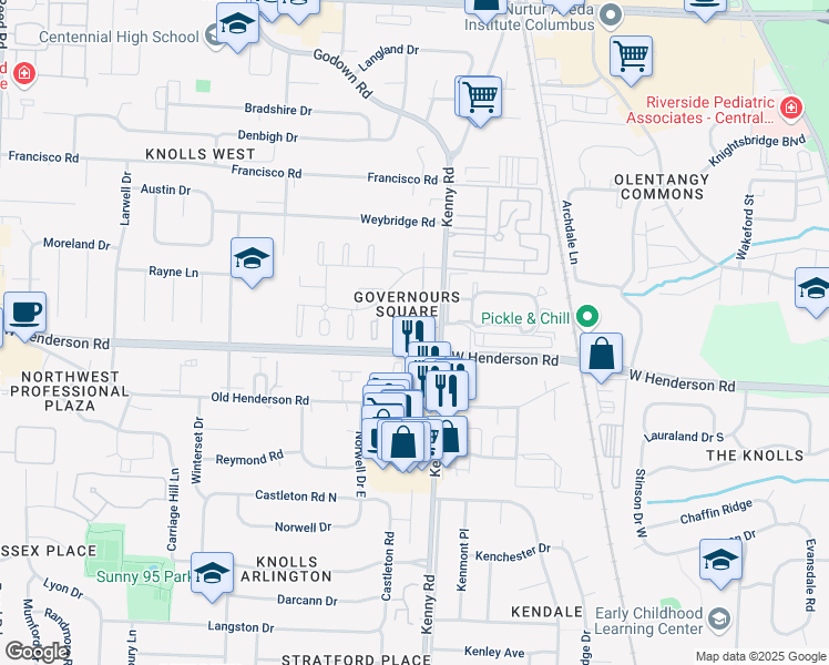 map of restaurants, bars, coffee shops, grocery stores, and more near 4545 Kenny Road in Columbus