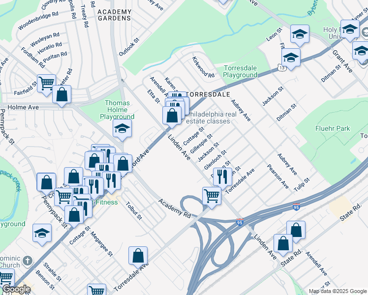 map of restaurants, bars, coffee shops, grocery stores, and more near 4401 Linden Avenue in Philadelphia