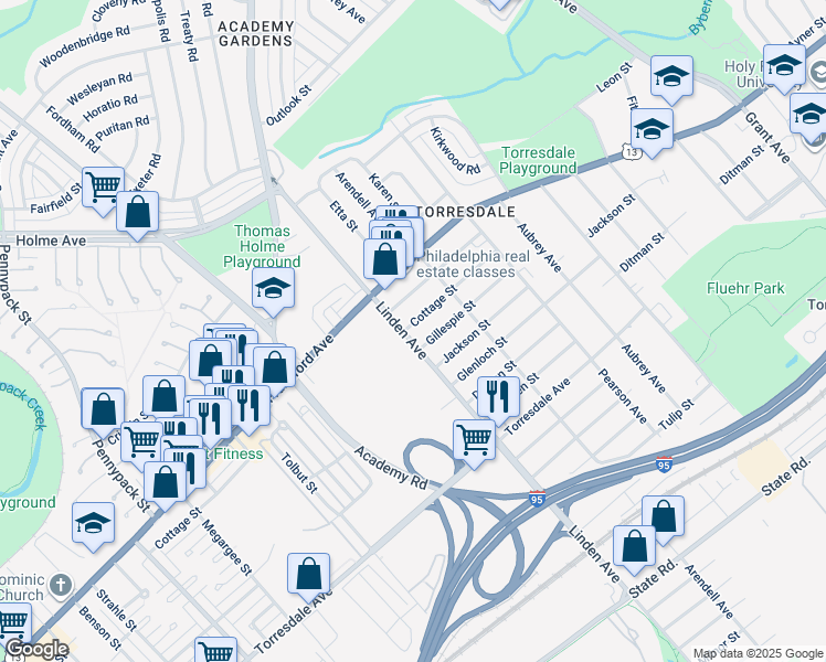 map of restaurants, bars, coffee shops, grocery stores, and more near 4401 Linden Avenue in Philadelphia