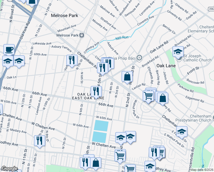map of restaurants, bars, coffee shops, grocery stores, and more near 6650 North Lawrence Street in Philadelphia