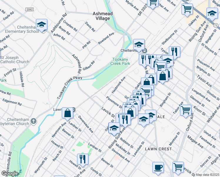 map of restaurants, bars, coffee shops, grocery stores, and more near 6452 Newtown Avenue in Philadelphia