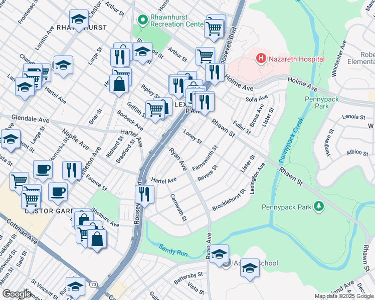 map of restaurants, bars, coffee shops, grocery stores, and more near 7807 Fairfield Street in Philadelphia