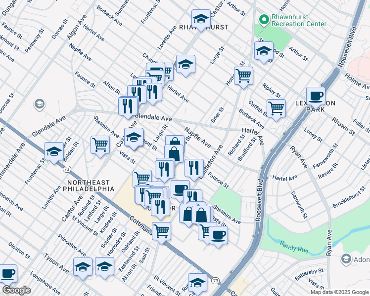 map of restaurants, bars, coffee shops, grocery stores, and more near 7609 Horrocks Street in Philadelphia
