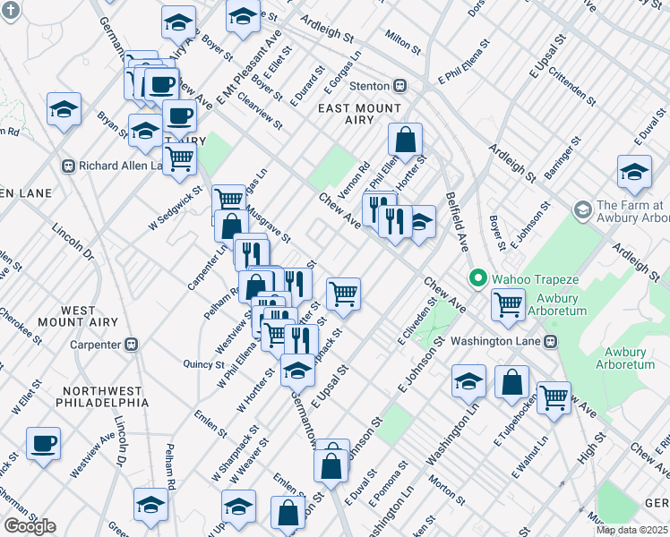map of restaurants, bars, coffee shops, grocery stores, and more near 6657 Musgrave Street in Philadelphia