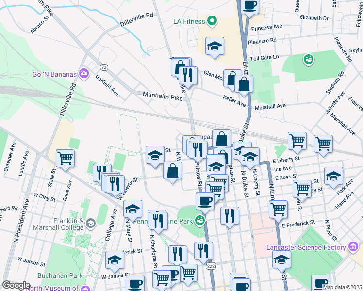 map of restaurants, bars, coffee shops, grocery stores, and more near 1000 U.S. 222 in Lancaster