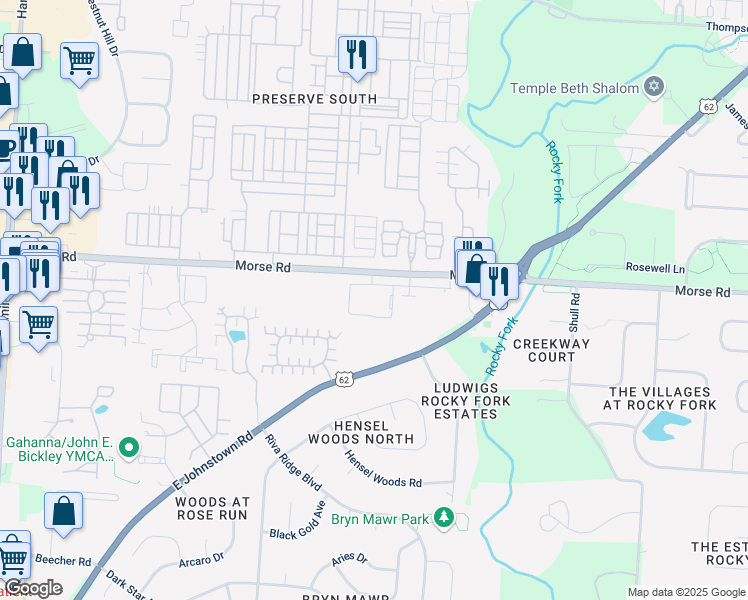 map of restaurants, bars, coffee shops, grocery stores, and more near 5435 Morse Road in Gahanna