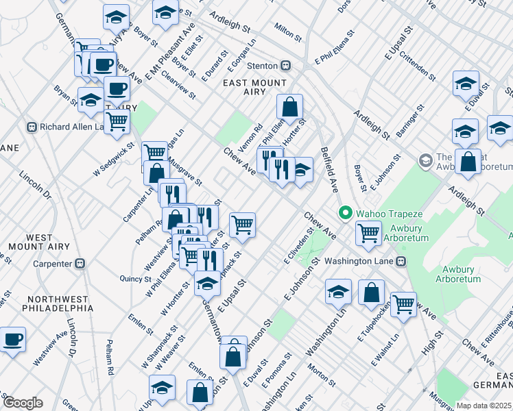 map of restaurants, bars, coffee shops, grocery stores, and more near East Montana Street in Philadelphia