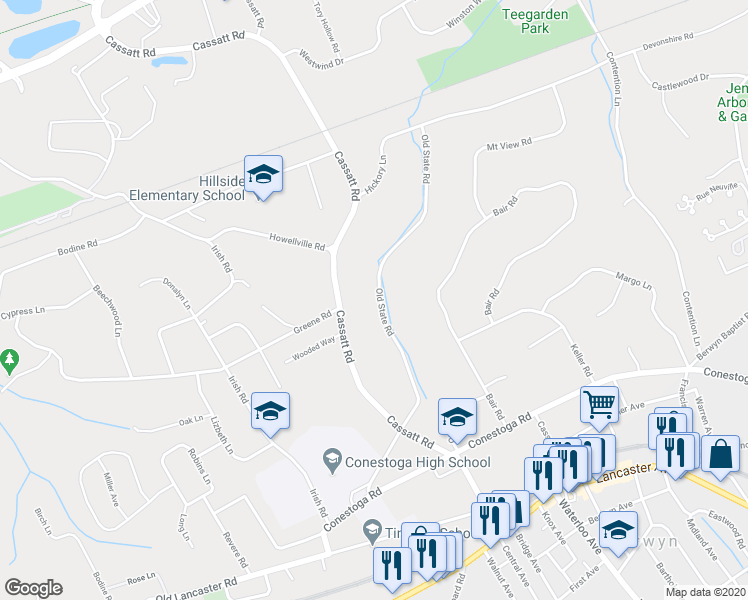 map of restaurants, bars, coffee shops, grocery stores, and more near 813 Old State Road in Berwyn