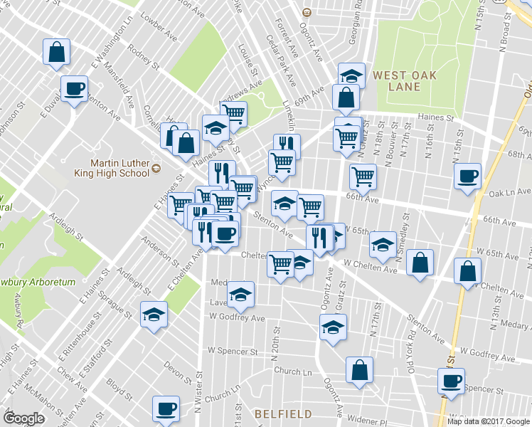 map of restaurants, bars, coffee shops, grocery stores, and more near 6521 North Lambert Street in Philadelphia