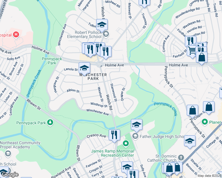 map of restaurants, bars, coffee shops, grocery stores, and more near 3116 Stanwood Street in Philadelphia