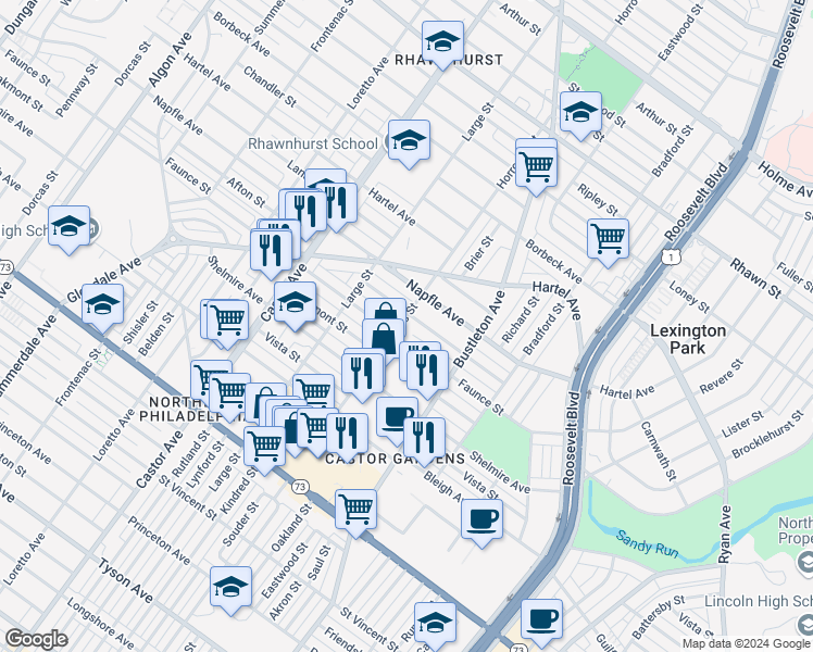 map of restaurants, bars, coffee shops, grocery stores, and more near 7609 Horrocks Street in Philadelphia