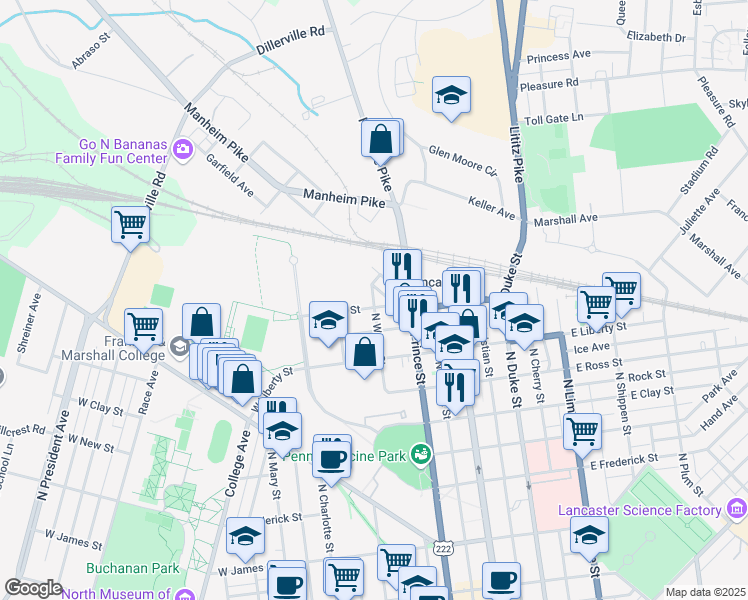 map of restaurants, bars, coffee shops, grocery stores, and more near 1127 North Water Street in Lancaster