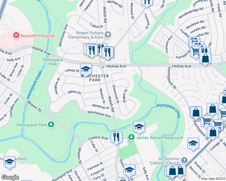 map of restaurants, bars, coffee shops, grocery stores, and more near 3116 Stanwood Street in Philadelphia