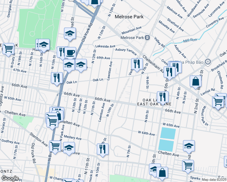 map of restaurants, bars, coffee shops, grocery stores, and more near 6630 North 10th Street in Philadelphia