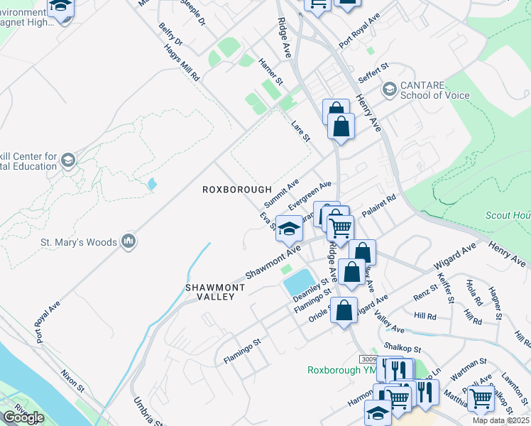 map of restaurants, bars, coffee shops, grocery stores, and more near 445 Summit Avenue in Philadelphia