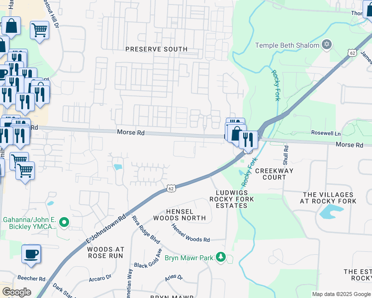 map of restaurants, bars, coffee shops, grocery stores, and more near 5445 Morse Road in Columbus
