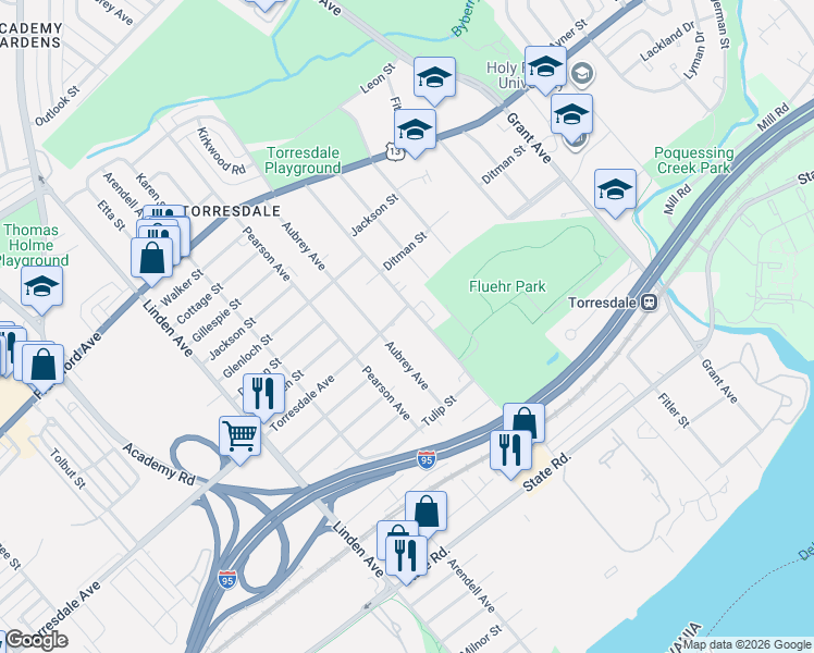 map of restaurants, bars, coffee shops, grocery stores, and more near 4701 Convent Place in Philadelphia