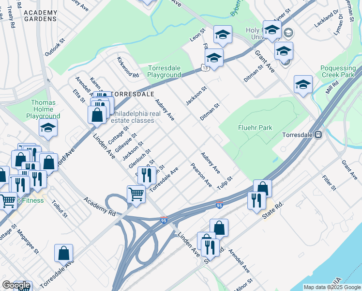 map of restaurants, bars, coffee shops, grocery stores, and more near 4611 Pearson Avenue in Philadelphia