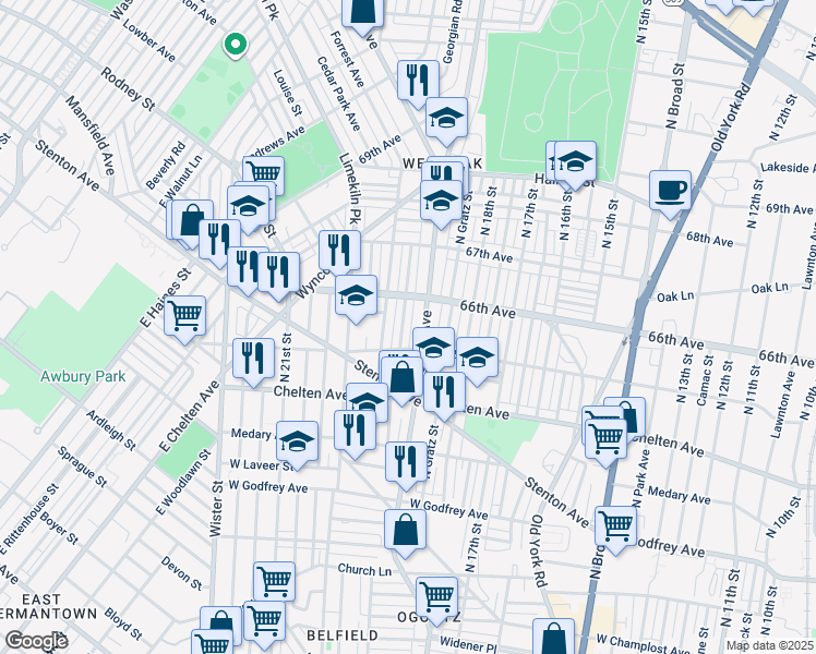 map of restaurants, bars, coffee shops, grocery stores, and more near 6523 North Uber Street in Philadelphia