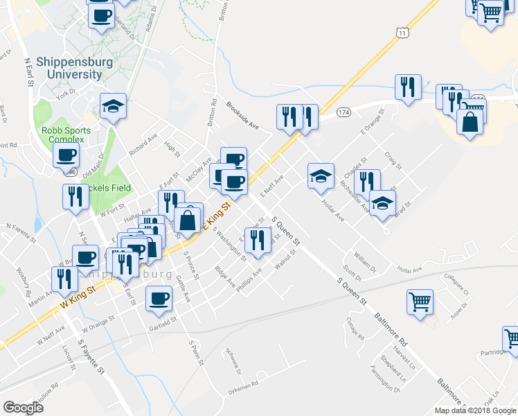 map of restaurants, bars, coffee shops, grocery stores, and more near 26 South Queen Street in Shippensburg