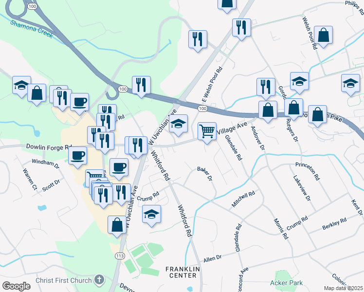 map of restaurants, bars, coffee shops, grocery stores, and more near 28 South Village Avenue in Exton