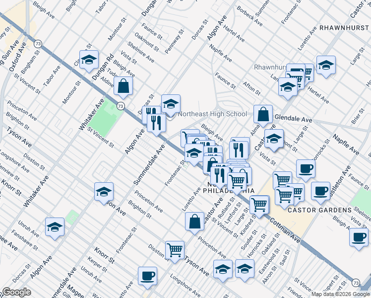 map of restaurants, bars, coffee shops, grocery stores, and more near 1728 Glendale Avenue in Philadelphia