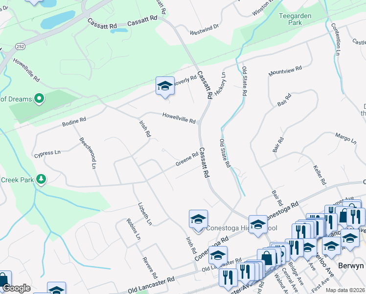 map of restaurants, bars, coffee shops, grocery stores, and more near 460 Howellville Road in Berwyn