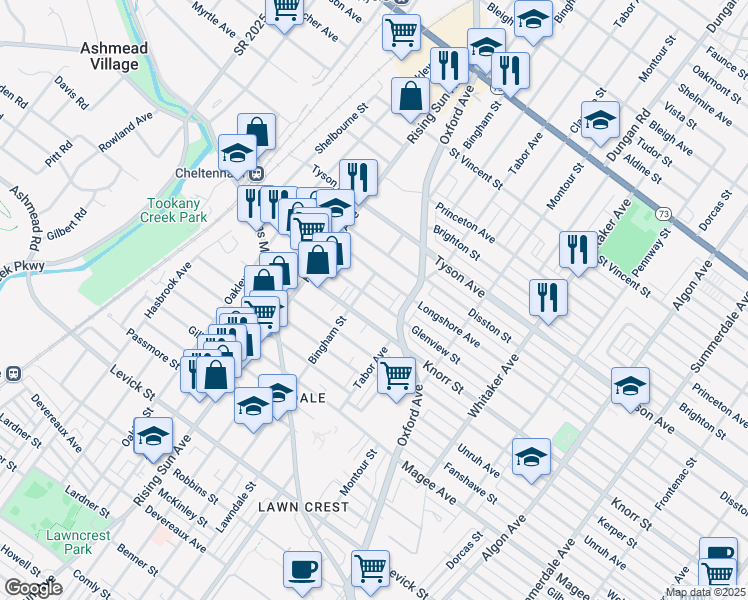 map of restaurants, bars, coffee shops, grocery stores, and more near 610 Glenview St in Philadelphia