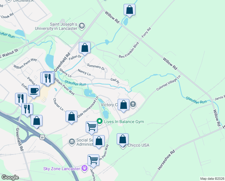 map of restaurants, bars, coffee shops, grocery stores, and more near 879 Gail Place in Lancaster