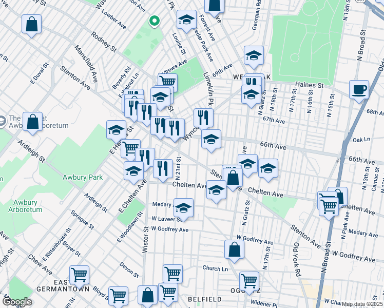 map of restaurants, bars, coffee shops, grocery stores, and more near 6523 North Lambert Street in Philadelphia