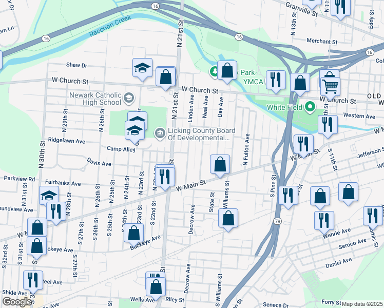 map of restaurants, bars, coffee shops, grocery stores, and more near 105 Neal Avenue in Newark