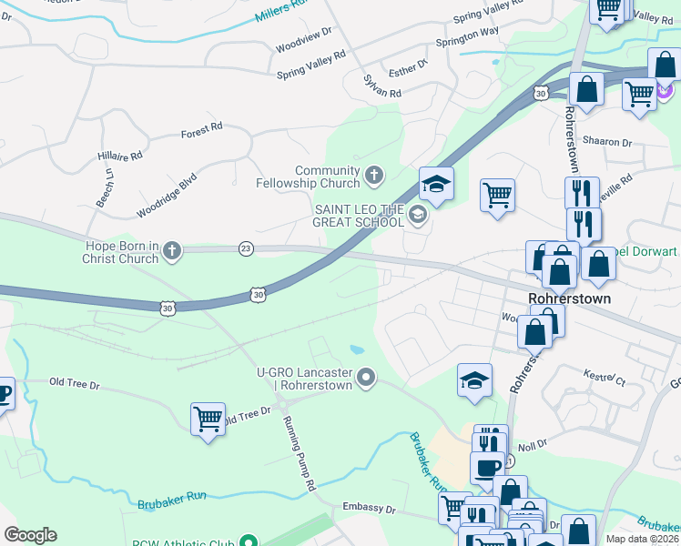 map of restaurants, bars, coffee shops, grocery stores, and more near 2454 Marietta Avenue in Lancaster