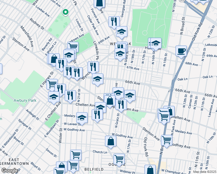map of restaurants, bars, coffee shops, grocery stores, and more near 6526 North Uber Street in Philadelphia