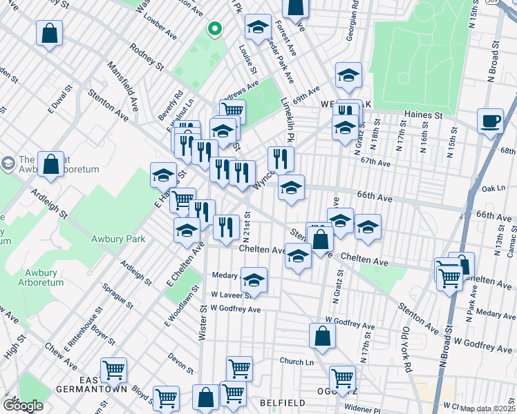 map of restaurants, bars, coffee shops, grocery stores, and more near 6518 North Lambert Street in Philadelphia