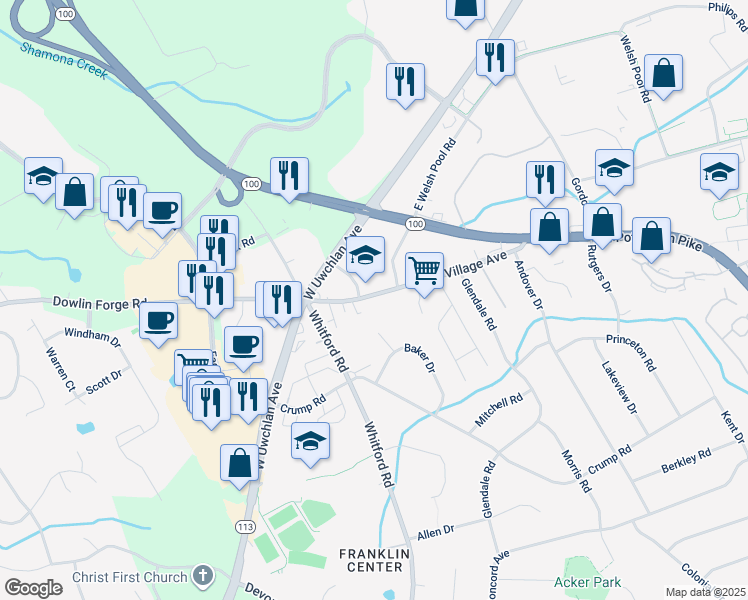 map of restaurants, bars, coffee shops, grocery stores, and more near 28 South Village Avenue in Exton