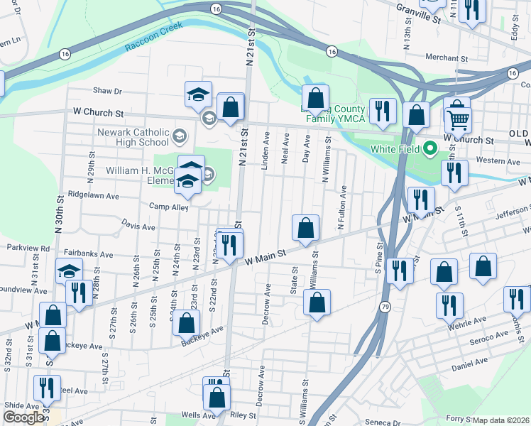 map of restaurants, bars, coffee shops, grocery stores, and more near 99 Linden Avenue in Newark